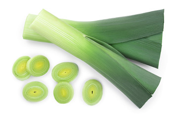 Leek vegetable closeup isolated on white background. Top view. Flat lay