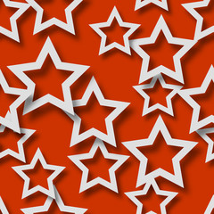 Abstract seamless pattern of randomly arranged white stars with soft shadows on red background