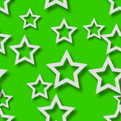 Abstract seamless pattern of randomly arranged white stars with soft shadows on green background