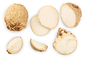 Fresh celery root isolated on white background. Top view. Flat lay. Set or collection - obrazy, fototapety, plakaty