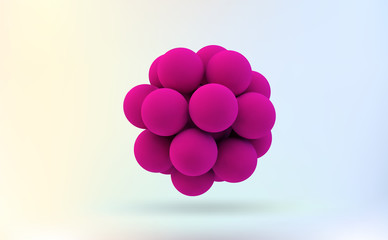Molecule 3D concept illustration. Abstract spheres. Pink balls. Concepts of chemistry research, graphic of molecule structure. Group of atoms. Science element for design or banner background.
