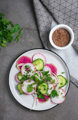 Salad with radishes, cucumbers and onion.