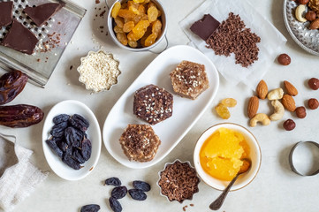 Natural helpful candy from dates, nuts, honey and raisins. Healthy food