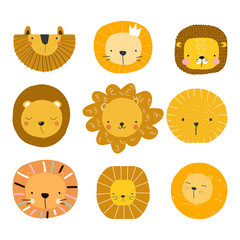 Set of cute lion faces. Kids graphic for print or poster. Vector hand drawn illustration.