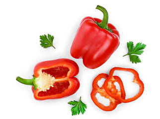 red sweet bell pepper isolated on white background. Top view. Flat lay