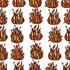 Vector seamless color pattern of fire isolated on white background.