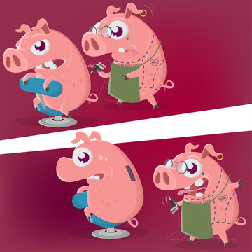 crazy cartoon pig is getting a piggy bank tattoo in two perspectives