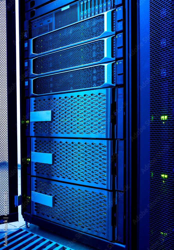 Poster computer server and raid storage in datacenter cold blue toning