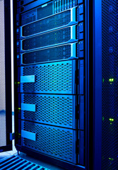 Computer server and raid storage in datacenter cold blue toning