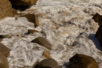 Waves during a storm. View from above. Red code. Rest on the Black Sea coast in Bulgaria. Elemental...