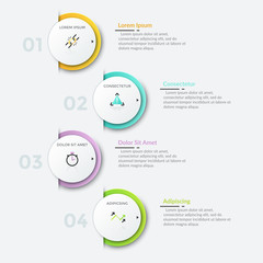 Four staggered numbered round white elements placed into vertical row, thin line icons and text boxes. Concept of 4 steps to business success. Infographic design template. Vector illustration.