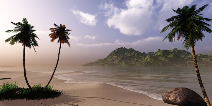 Tropical beach with palm trees on the background of the island in the ocean,