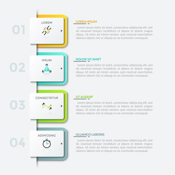 Four numbered square paper white elements placed into vertical row, thin line pictograms and text boxes. Modern infographic design template. Vector illustration for presentation, brochure, report.