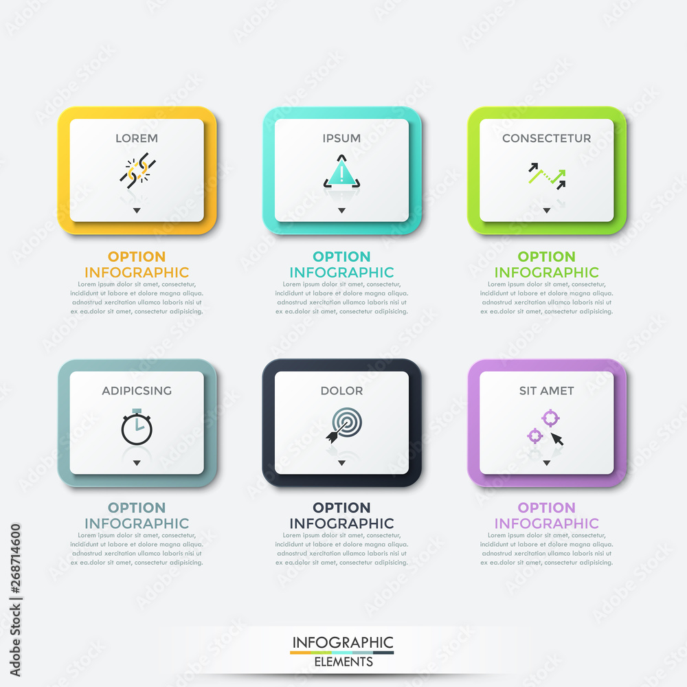 Poster six separate square paper white elements inside colorful frames, thin line symbols and text boxes. c
