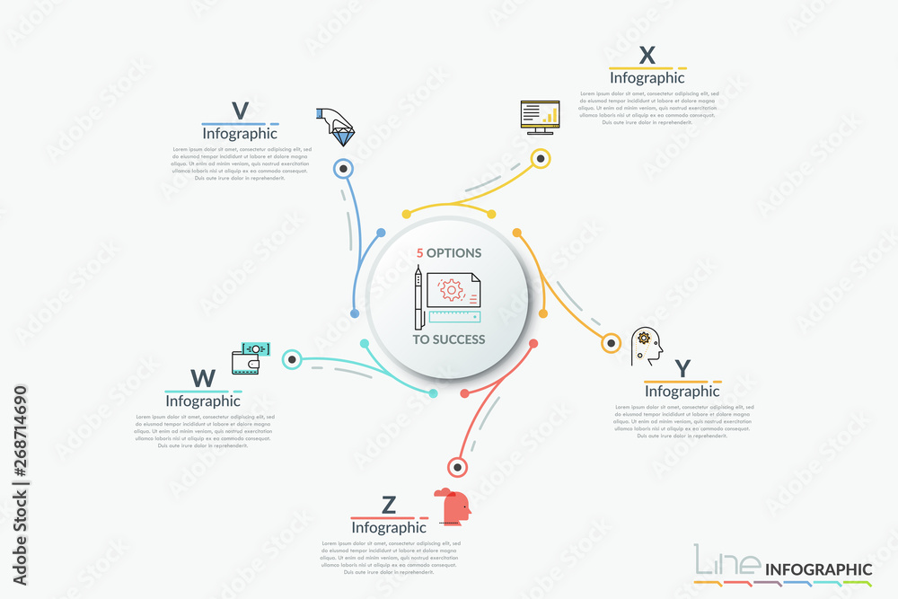 Poster circular diagram with central round paper white element connected with 5 thin line icons and text bo