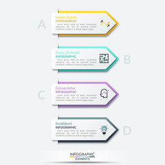 Four lettered paper white pointer-like elements with place for text and thin line icons inside placed into vertical row. Realistic infographic design template. Vector illustration for presentation.