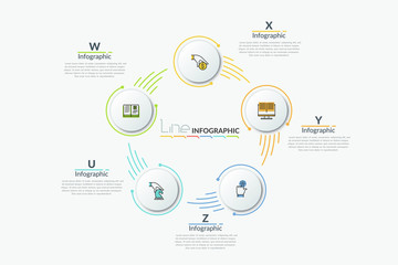 Ring-like chart with 5 round elements rotating around center and text boxes. Five steps of production cycle. Creative infographic design template. Vector illustration for presentation, website.