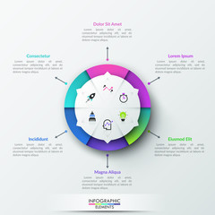 Round pie chart divided into 6 colorful pieces with thin line icons inside and arrows pointing at text boxes. Realistic infographic design template. Vector illustration for presentation, brochure.