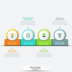 Four multicolored elements with thin line pictograms inside placed into horizontal row. Popup website menu with 4 options. Modern infographic design template. Vector illustration for web interface.