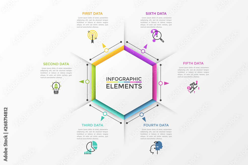Poster hexagonal diagram surrounded by 6 colorful arrows pointing at thin line icons and text boxes. modern