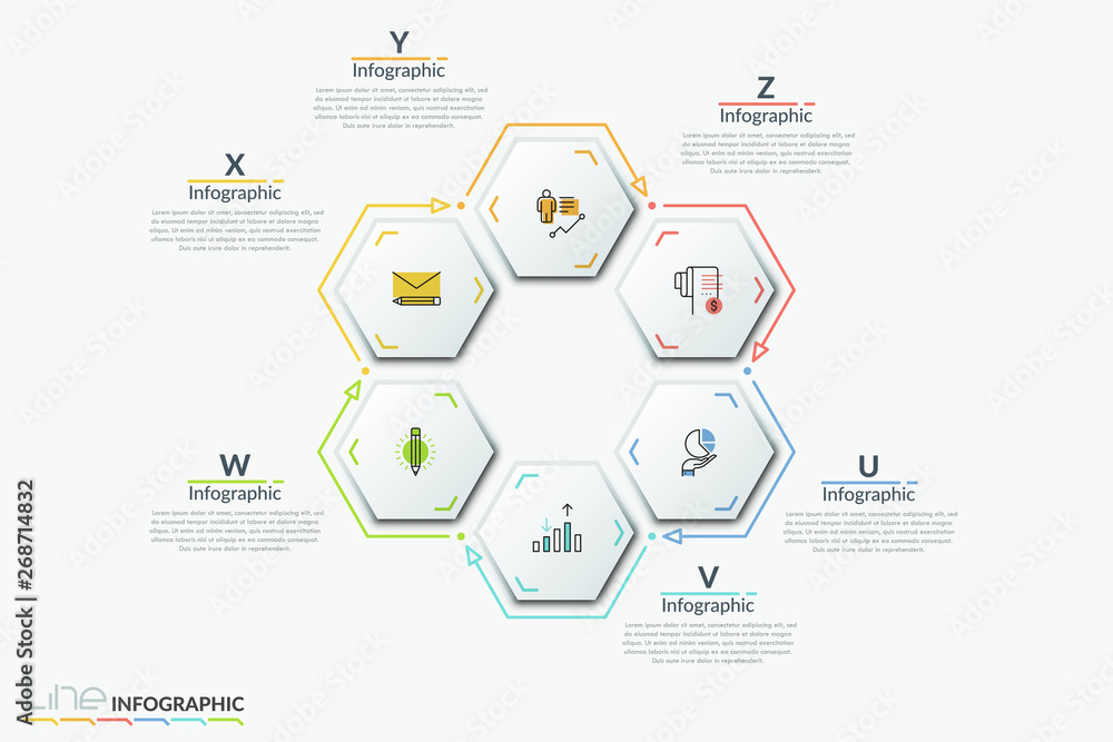 Poster six separate paper white hexagonal elements with thin line pictograms inside arranged into ring and 