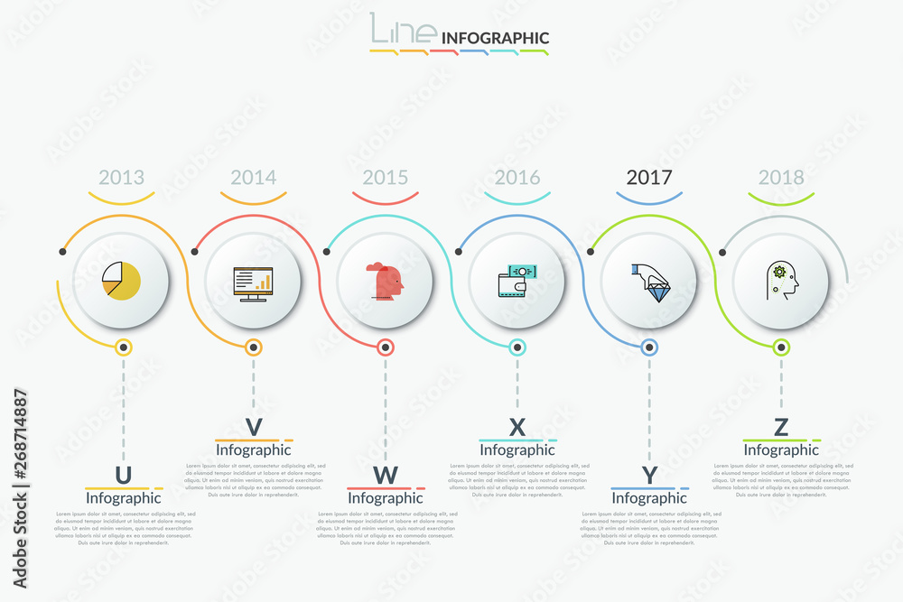Poster horizontal timeline consisted of 6 round white elements with thin line icons inside, year indication