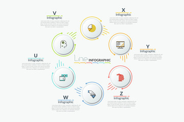 Circular chart with 6 round elements revolving around center and text boxes. Six steps of business cycle. Modern infographic design layout. Vector illustration for presentation, website, brochure.