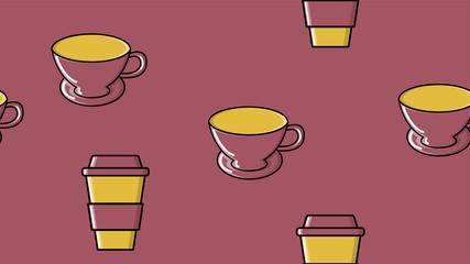 Seamless pattern of repeating glasses and ceramic cups with a quick hot invigorating coffee American espresso arabica in a cardboard cup to go on a purple background. Vector illustration