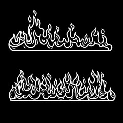 Vector hand drawn black and white set of fire isolated on black background.