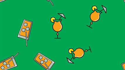 Seamless endless pattern of repeating glasses with tasty alcoholic cocktails drinks for parties on a green background. Vector illustration