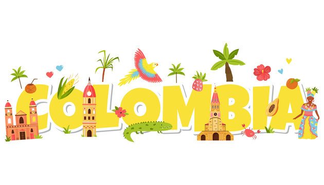 Big letters Colombia with symbols and attractions