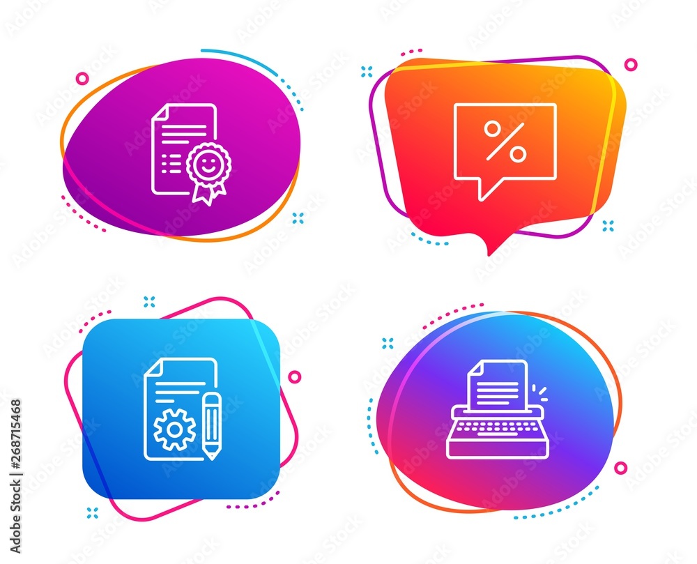 Poster discount message, documentation and smile icons simple set. typewriter sign. special offer, project,