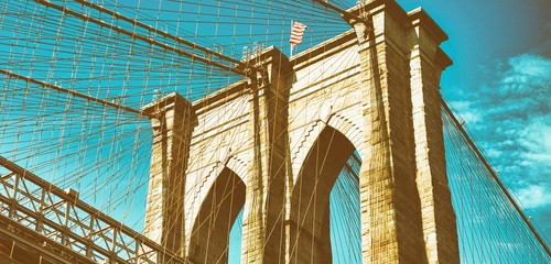 Skyward view of Brooklyn Bridge in New York City