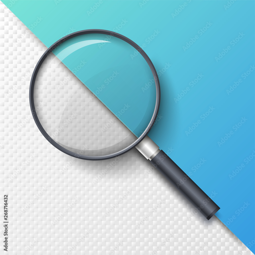 Poster realistic magnifying glass, magnifier or hand lens for optical magnification isolated on paper backg