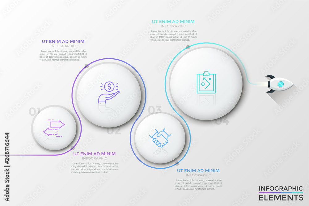 Poster spacecraft flying around 4 numbered white circular elements with thin line pictograms inside. concep
