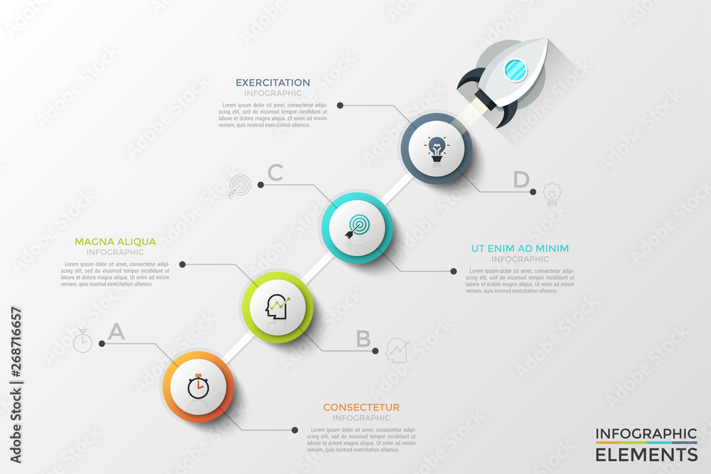 Poster four round elements with thin line icons inside arranged in diagonal row, space rocket and text boxe