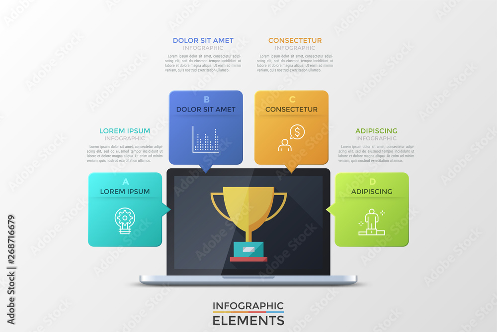 Poster laptop with golden champions goblet on screen and 4 colorful square elements with letters, thin line