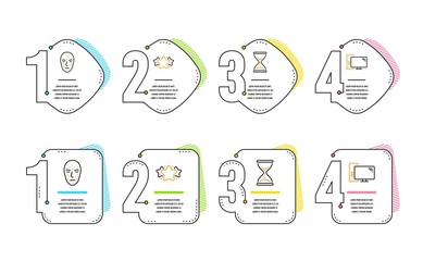 Face biometrics, Star and Time hourglass icons simple set. Computer sign. Facial recognition, Favorite, Sand watch. Pc component. Business set. Infographic timeline. Line face biometrics icon. Vector