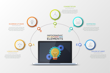 Fototapeta na wymiar Laptop with light bulb and gear wheels on screen surrounded by 5 colorful round elements with thin line icons inside. Concept of five successive steps of project development. Vector illustration.