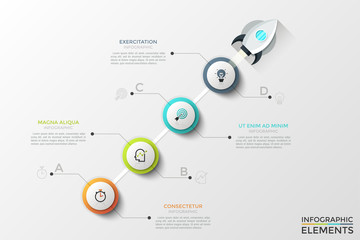 Four round elements with thin line icons inside arranged in diagonal row, space rocket and text boxes. Concept of 4 important steps to startup launch. Infographic design template. Vector illustration.