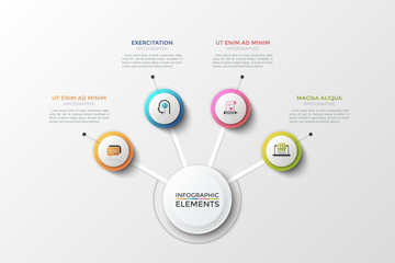Fototapeta premium Tree diagram. Main white round element in center connected with 4 colorful circles, thin line pictograms and text boxes. Concept of four business options to choose. Creative vector illustration.