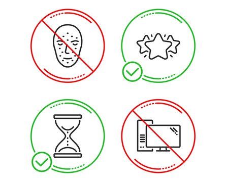 Do or Stop. Face biometrics, Star and Time hourglass icons simple set. Computer sign. Facial recognition, Favorite, Sand watch. Pc component. Business set. Line face biometrics do icon. Vector