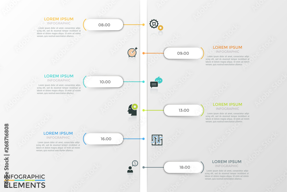 Poster vertical timeline with time indication, linear pictograms and text boxes. concept of daily appointme