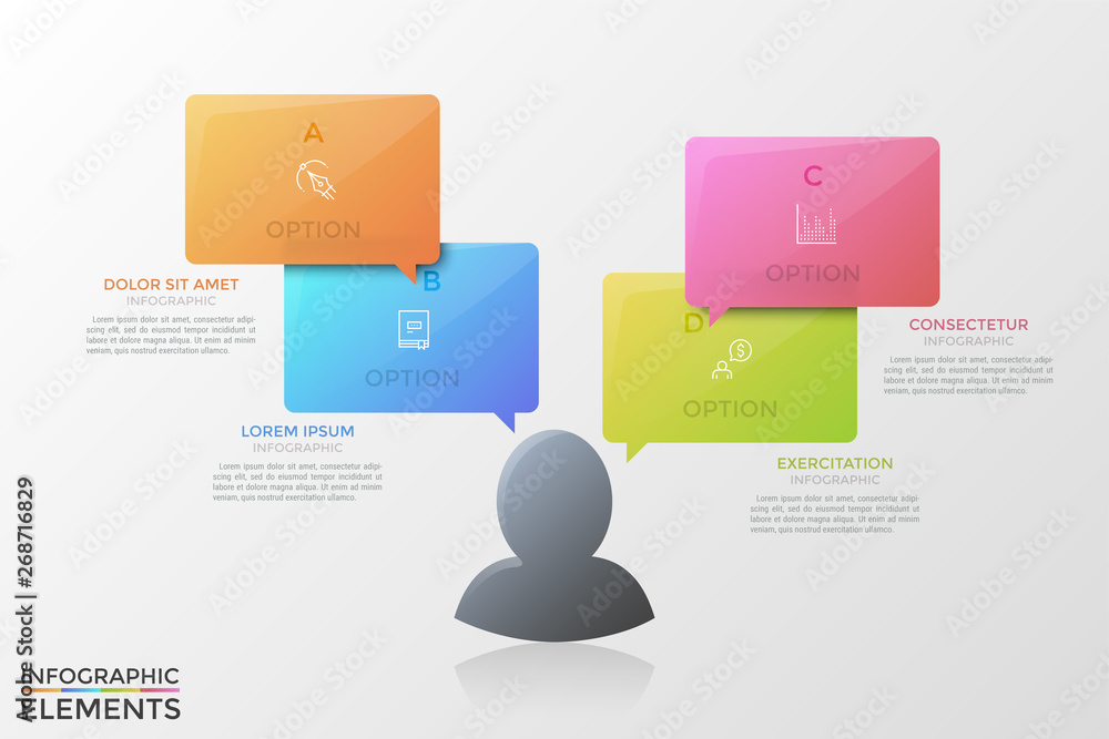 Poster silhouette of human, 4 colorful speech bubbles with thin line icons inside and text boxes. concept o