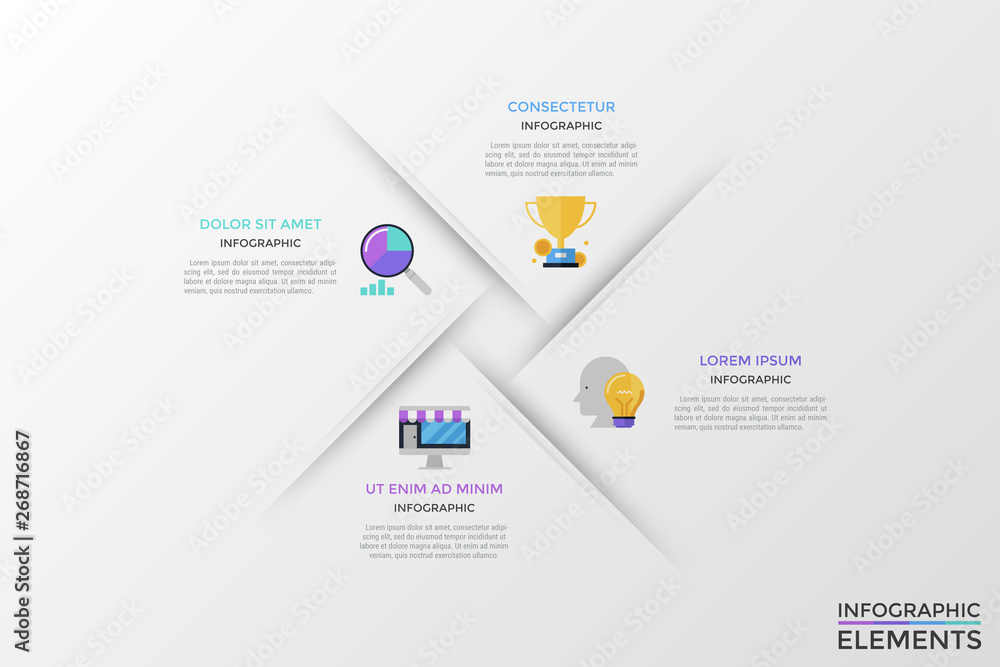 Poster four overlaying white paper sheets or pages with colorful flat pictograms and text boxes. concept of