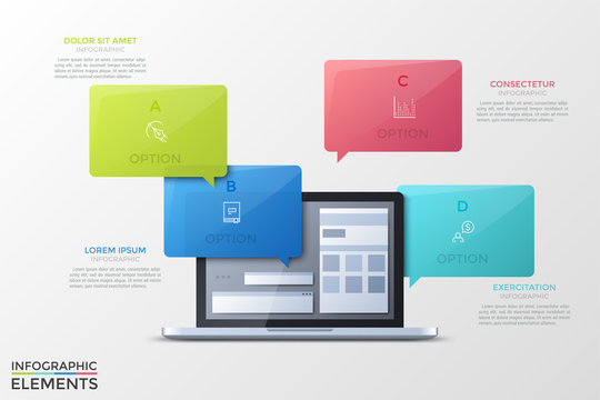 Laptop surrounded by lettered colorful speech bubbles with thin line pictograms inside and text boxes. Concept of messaging and communication. Infographic design template. Vector illustration.