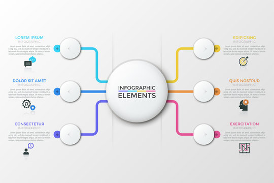 Flow chart with white central round element connected with 6 circles, thin line icons and text boxes. Six features of service provided by company. Modern vector illustration for website, presentation.