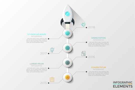 Spacecraft flying up, 4 round lettered elements arranged in vertical row and year indication. Concept of four annual steps of project development. Infographic design template. Vector illustration.