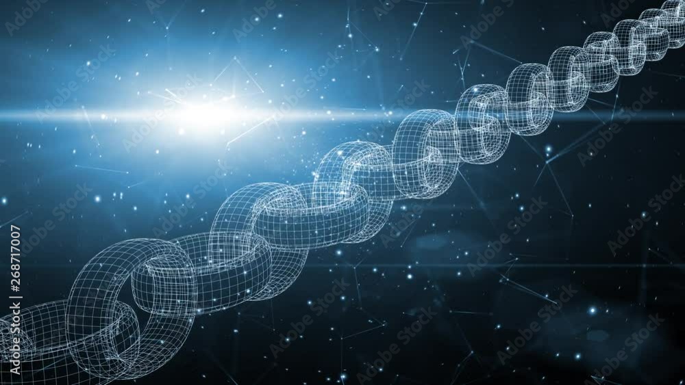 Poster rotating blockchain chain with cyber space sun lens flare background.