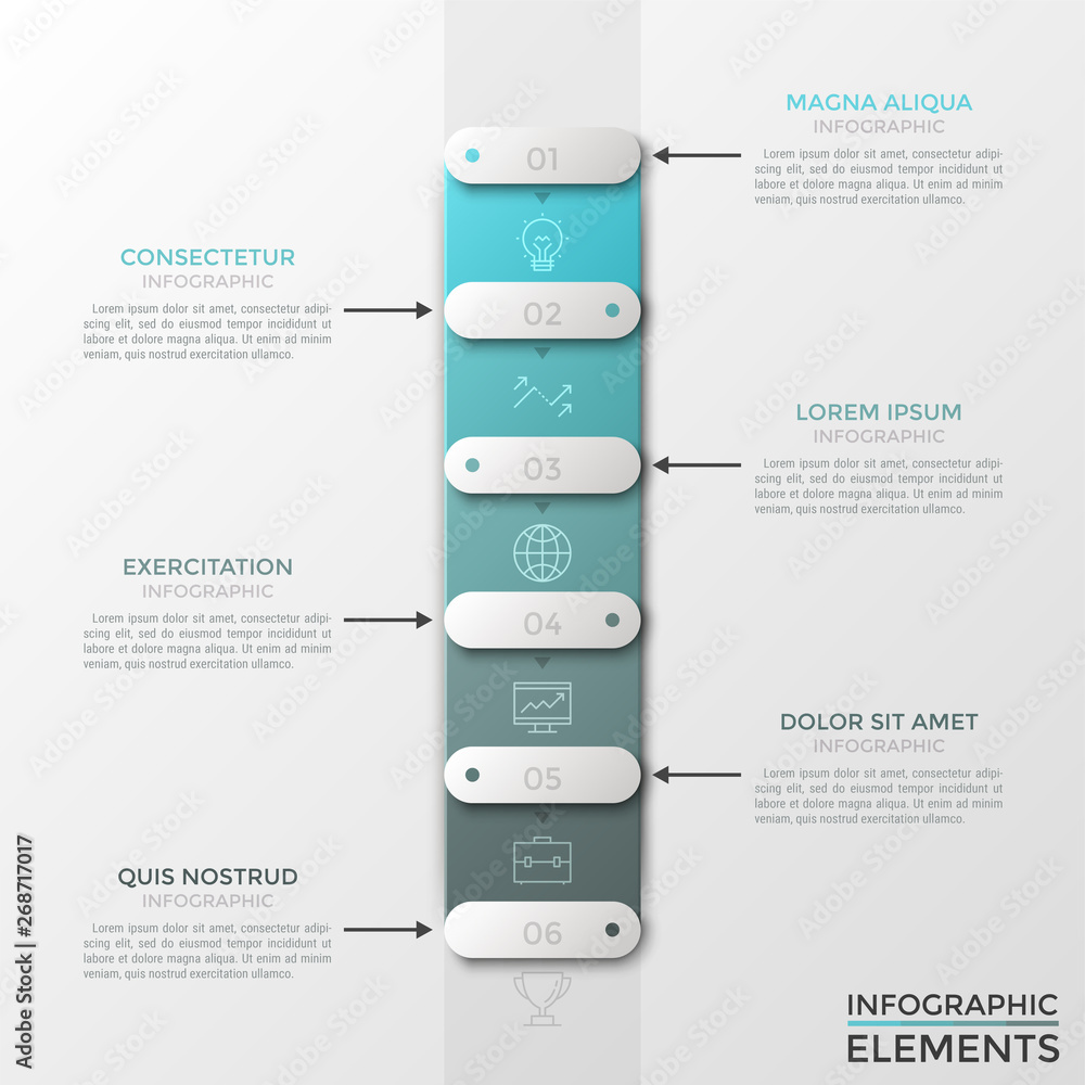 Poster vertical stripe with 6 numbered rounded rectangles or sliders, thin line icons and text boxes. moder